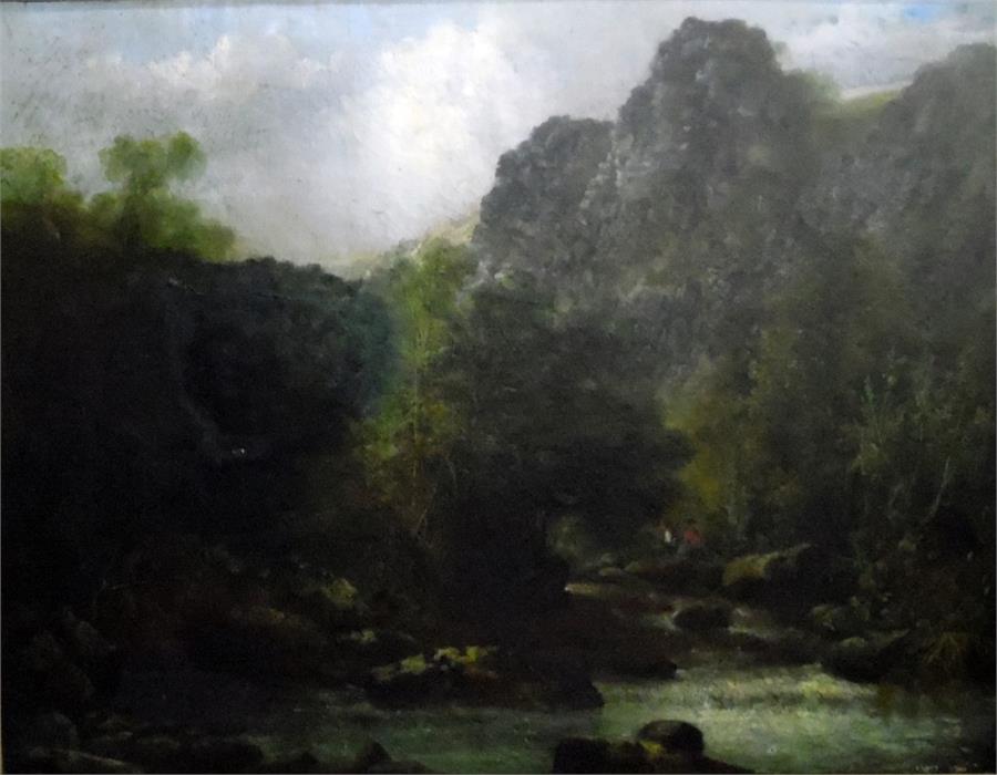 Unattributed (19th century school)  Oil on canvas  Fishermen sitting by river in hilly landscape,