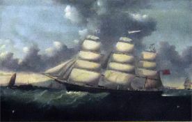 19th century English school Oil on canvas  Study of a three-masted ship in full sail, in choppy sea,