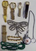 Quantity of costume jewellery to include brooches, wristwatches, bracelets, etc (1 box)