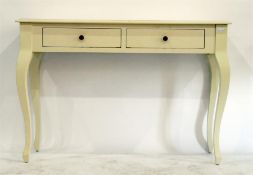 Ivory-coloured side table fitted two drawers to frieze, on modern cabriole shaped legs, a similar