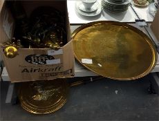 Quantity of brass and other metalware including a large engraved tray, fire companions, kettle,
