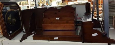 Wooden letter rack, a wood-framed cloakroom mirror with box and rail for towel, a shelf unit and a