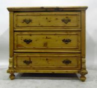 Early 20th century continental style chest of three drawers with brass loop handles and plates, 92cm