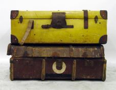 Large vintage trunk with leather corners and straps and another canvas and wood bound trunk (