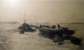 W L Wyllie Original artists proof signed etching “Kits Hole Reach – In the Medway”, steamboat with