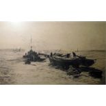 W L Wyllie Original artists proof signed etching “Kits Hole Reach – In the Medway”, steamboat with