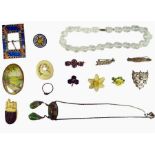 Collection of dress jewellery to include enamel Art Deco style brooch, Victorian silver brooch,