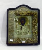 Russian icon in wooden case, decorated in gilt and silver-coloured metal, 51.5cm x 41.5cm overall