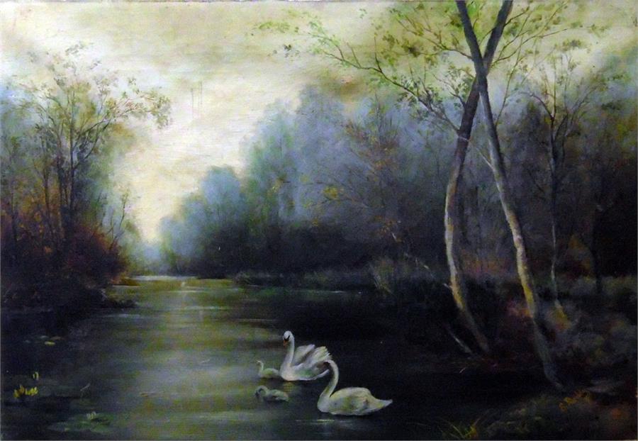E Boddy Oil on canvas Lake scene with a pair of sw