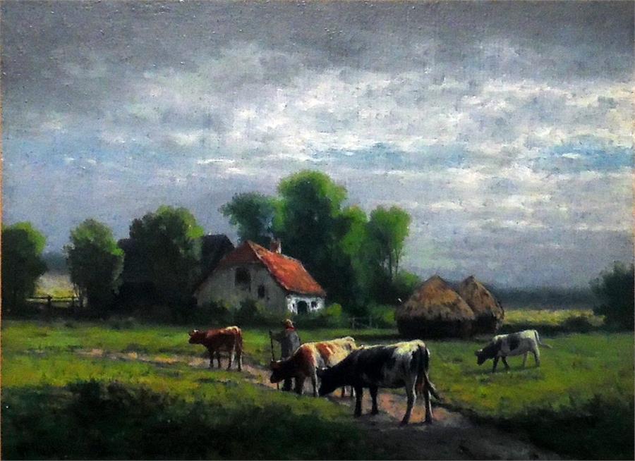 W F Hulk Oil on board  Farmer, cattle and cottage, signed lower left, 14.5cm x 19cm