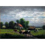 W F Hulk Oil on board  Farmer, cattle and cottage, signed lower left, 14.5cm x 19cm