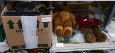 Assorted kitchenware, lacquered trays, two teddies and a framed picture