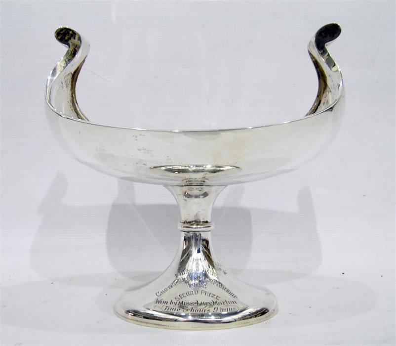 Silver boat-shaped trophy pedestal dish engraved 'Morecambe Cross Bay Championship 1922, second