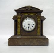 19th century French marble mantel clock, stepped architectural design with gilt metal pillars and