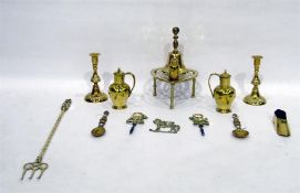 Quantity of metalware to include bell, candlestick holders, corkscrews, etc