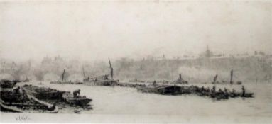 W L Wyllie Signed etching View of the Thames with figures working on moored barges, bridge and