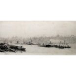 W L Wyllie Signed etching View of the Thames with figures working on moored barges, bridge and