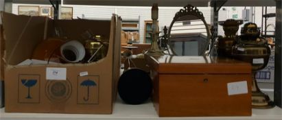 Pair of painted metal table lamps, a pair of brass paraffin lamps, a wooden box, assorted fittings