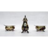 Similar three-piece silver cruet set comprising of two silver salts with blue glass liners and a