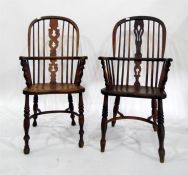 Yew and elm seated stickback elbow chair and another similar ash and elm seated, both with pierced