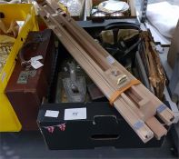 Assorted collectables including artists easel, kettle, small leather suitcase, pendulums, etc (1 box