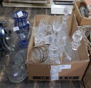 Pair of matching cut glass decanters, assorted wines, glass and silver plated coasters, a blue flash