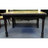 Old rectangular top kitchen table with inset oak panel, on turned legs, length 122cm
