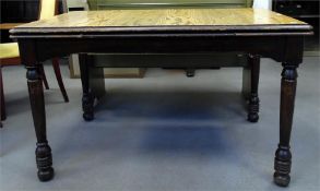 Old rectangular top kitchen table with inset oak panel, on turned legs, length 122cm