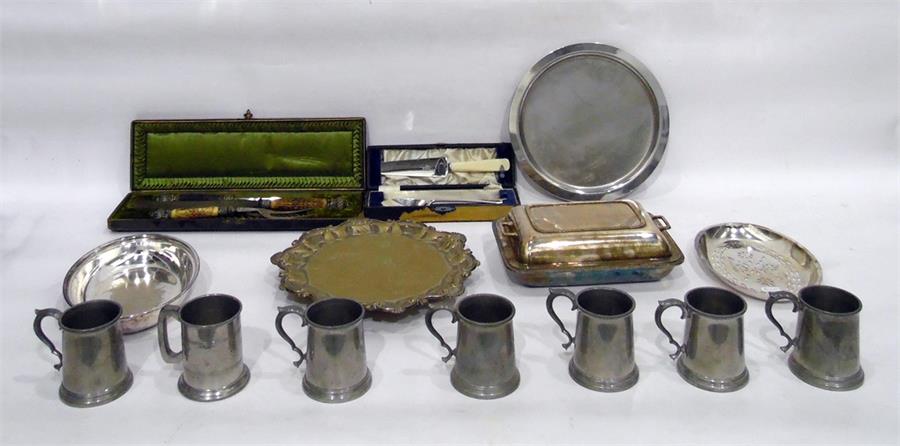 Quantity of silver plate to include entree dish, salver, boxed horn-handled carving set with