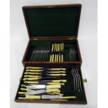 Oak canteen of table flatware, silver plated 'Old English' pattern, the ivorine handled knives