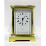 20th century brass English 'Worcester' carriage clock, enamel dial, shaped handle, 16cm high