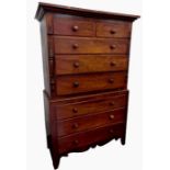 19th century mahogany chest on chest, the upper section with two short and three long graduated