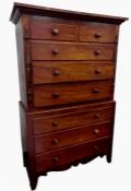 19th century mahogany chest on chest, the upper section with two short and three long graduated