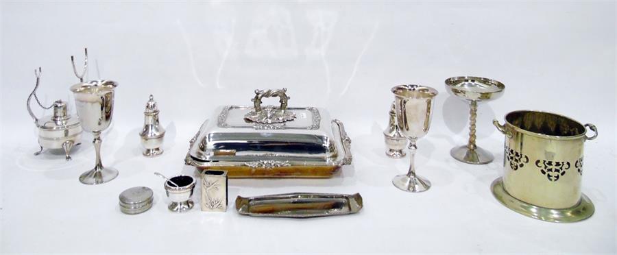 Quantity of silver plate to include rectangular lidded tureen with detachable handle and engraved