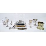 Quantity of silver plate to include rectangular lidded tureen with detachable handle and engraved