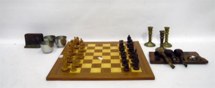 Wooden chess set with board, a pipe wall holder, candlesticks, bookends, etc