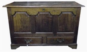 Late 18th century oak dower chest, the three field panelled front over two drawers, with brass