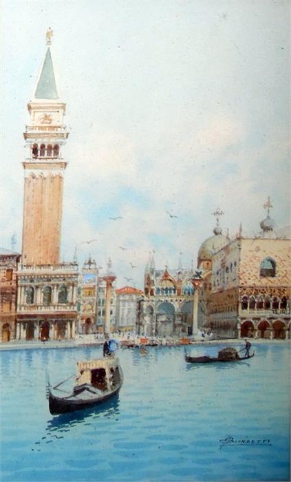 Andrea Biondetti (1851-1946) Watercolour Venetian waterway with view of St Marks Campanile, signed