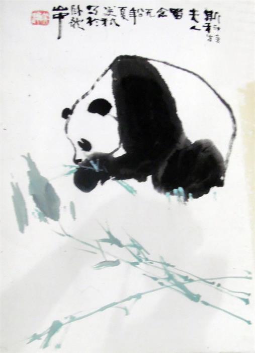 Set of three Japanese scroll watercolour wall hangings depicting a pandas, signed with