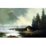 Oil on canvas  Continental lake scene, mountains in the background, barn and figure on the right,