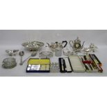 Quantity of silver plate to include teapot, serving dishes, boxed servers, oval pedestal basket,