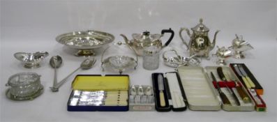 Quantity of silver plate to include teapot, serving dishes, boxed servers, oval pedestal basket,