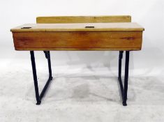 Old oak two seat school desk with recessed inkwells