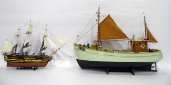 Model replica of 'HMS Victory', 31cm x 40cm approx and another model fishing ship, E382, 42cm high