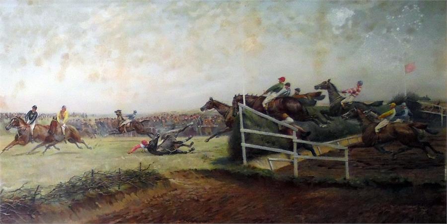 Colour prints "The Grand National", another similar, both 51cm x 99cm and "The First