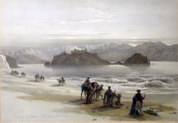 After David Roberts Lithograph "Isle of Graie, Gulf of Akabah", camel train along beach, see gallery