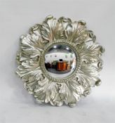 Modern silver framed circular wall mirror with leaf framed border, 90cm diameter