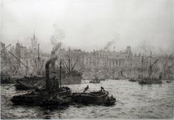 W L Wyllie Signed etching Thames View with steamboat in foreground, sailing vessels and buildings in