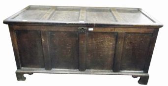 Late 18th/early 19th century oak four-panelled coffer on bracket feet, 130cm wide