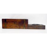 Victorian burr walnut writing slope with brass banding (lacking interior and damaged) and a carved
